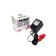 6V 1Ah ride-on battery charger with black housing and red clamp, shown with box.