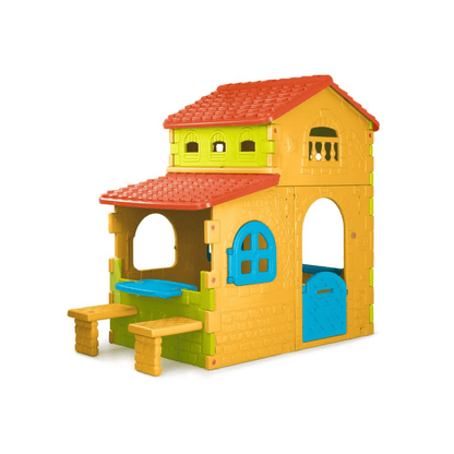 Kids playhouse toy with red roof, yellow walls, blue door, and attached slide