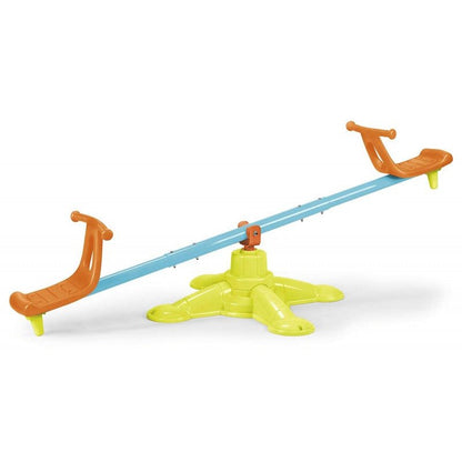 Seesaw toy with blue balance beam, orange seats, and green base