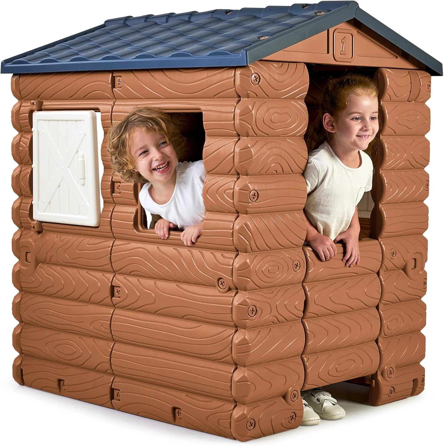 Kinder-Campinghaus aus Holzoptik mit blauem Dach, offenem Eingang und Fenster