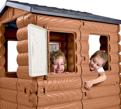 Kinder-Campinghaus mit blauem Dach, geöffneter Tür und zwei Kindern in der Öffnung