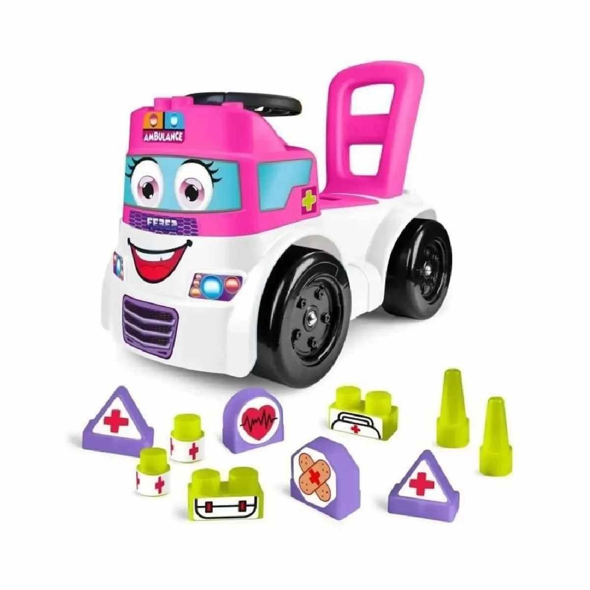 Ambulance toy vehicle in pink and white with smiling face and removable blocks