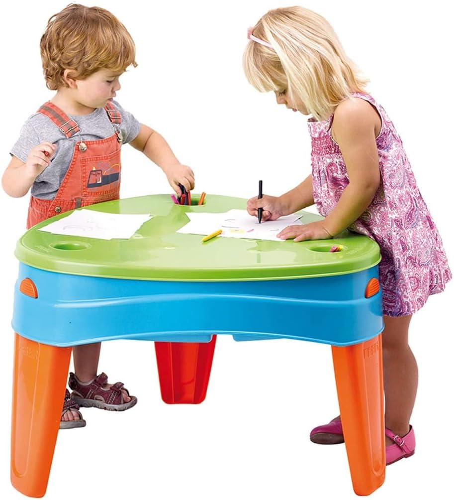 Play Island activity table for drawing: green top, blue side tray, orange legs