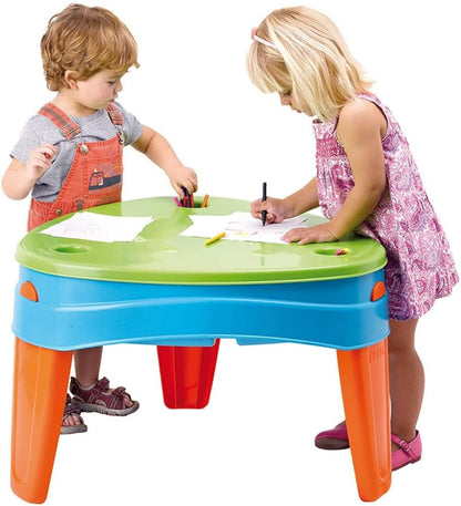 Play Island activity table for drawing: green top, blue side tray, orange legs