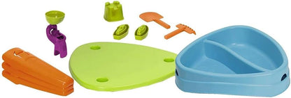 Activity table accessories: lime lid, blue bin, orange tool, green and purple pieces