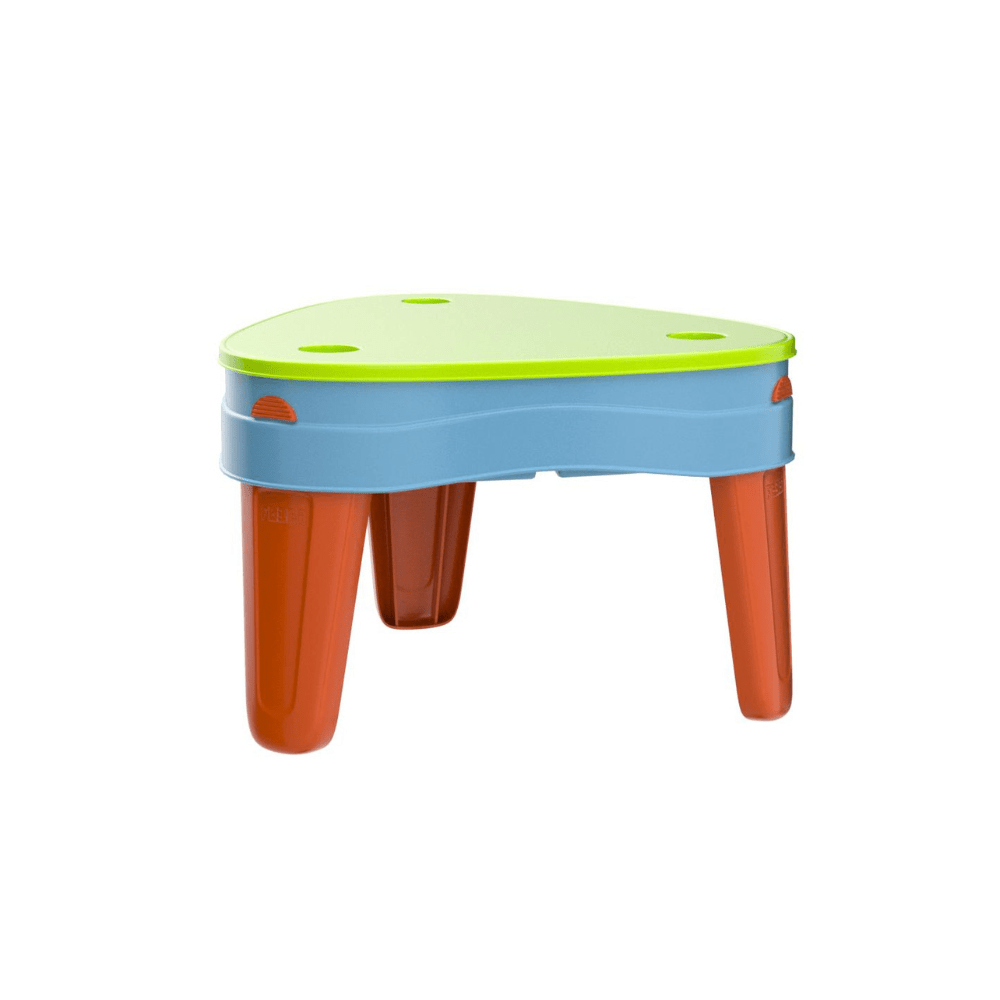 Play Island activity table with lime top, blue base, orange legs