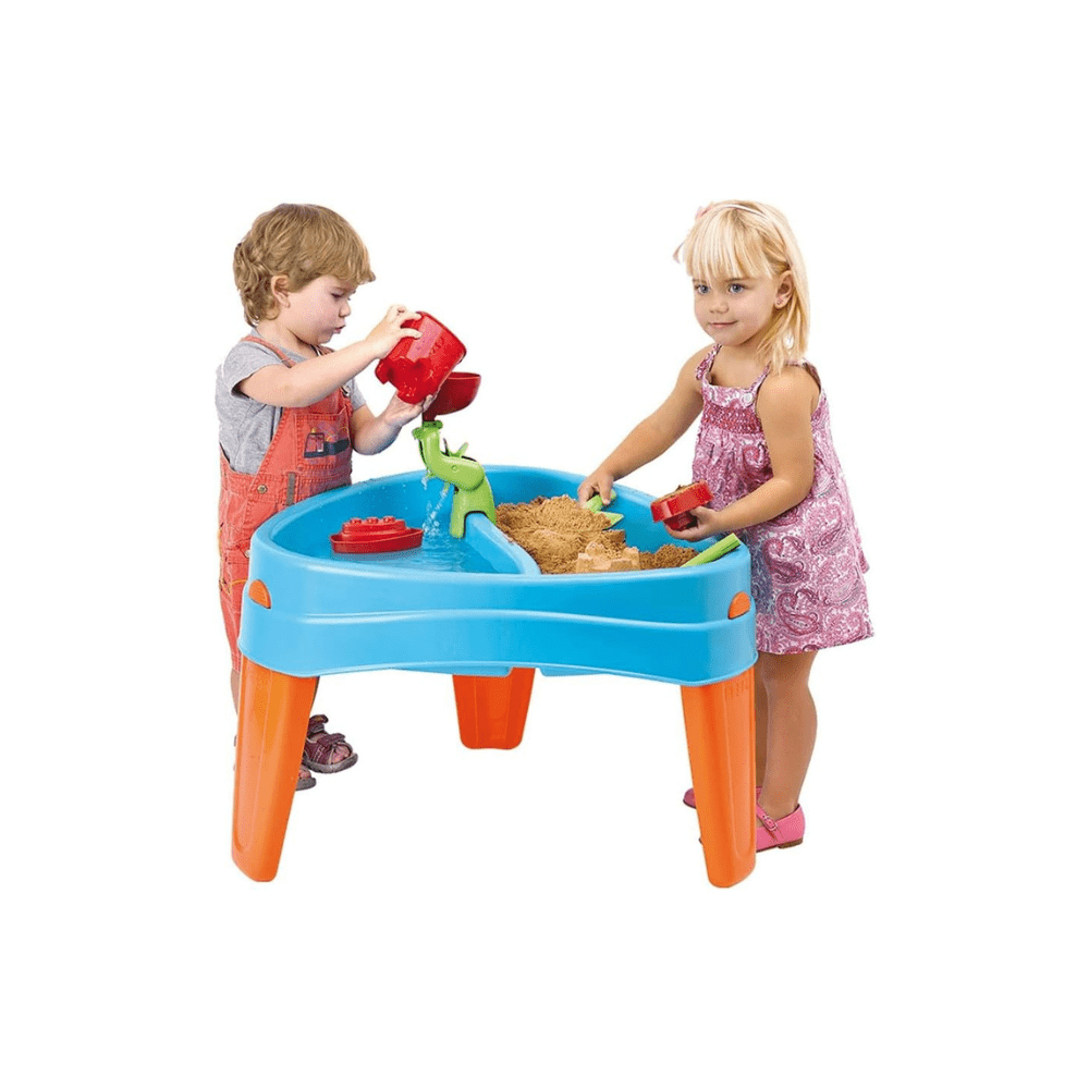 Kids playing at Play Island activity table, blue tabletop, orange legs