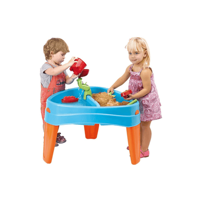 Kids playing at Play Island activity table, blue tabletop, orange legs
