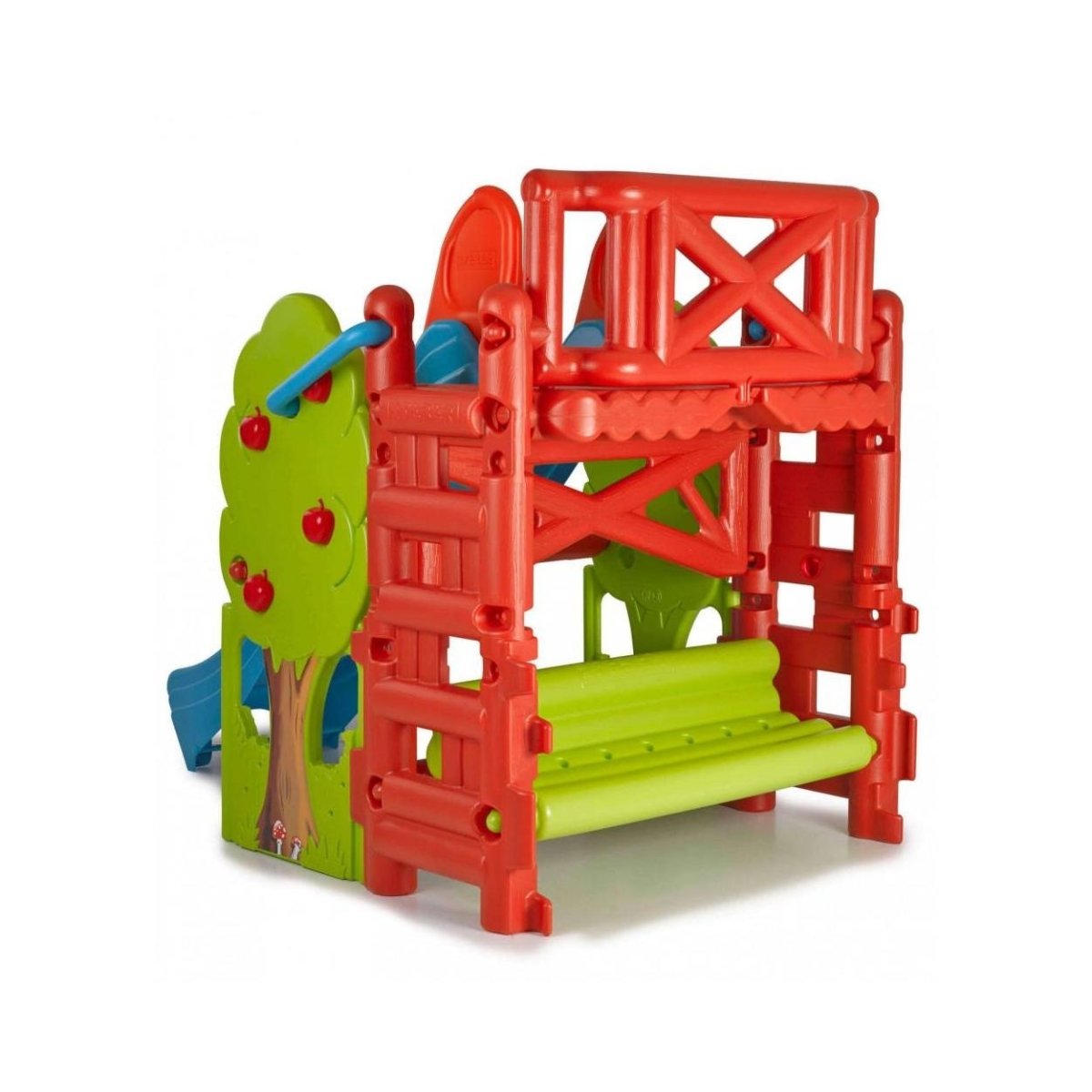 Feber wooden playhouse slide with red frame, green tree side, and lime steps