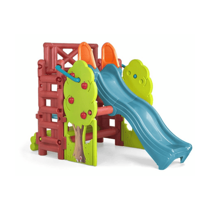 Playground toy playset with blue slide, green figures, and red ladder frame