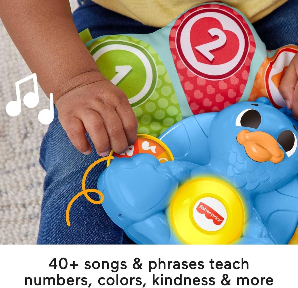 Blue penguin learning toy with yellow light button, fabric number panel, hands playing