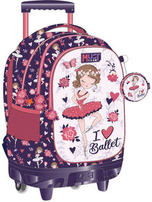 Purple kids rolling backpack with ballet print, pink hearts, front pouch, and wheels
