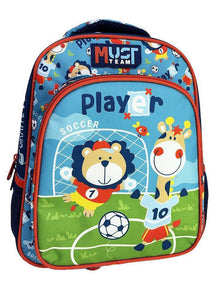12.5" Must Team backpack with soccer player animal print, two front pockets