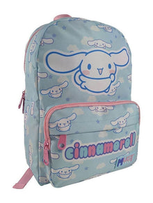Light blue Cinnamoroll-themed backpack with front zip pocket and pink zipper trim