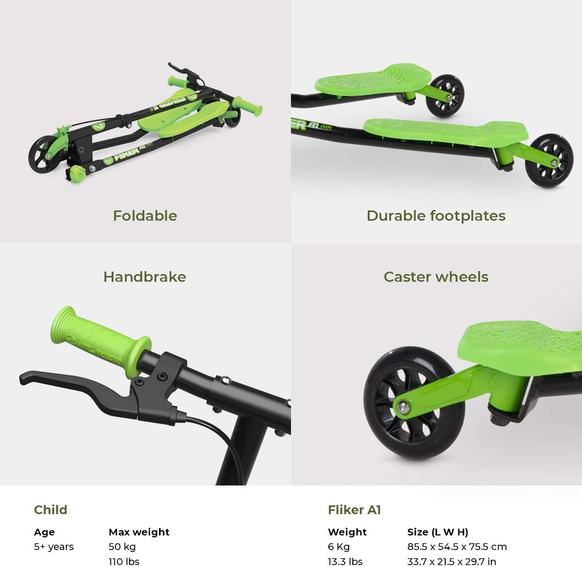 Black and green foldable kids scooter with handbrake, caster wheels, and dual footplates