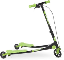 Green and blue kids’ foldable scooter with black frame, foam grips, caster wheels