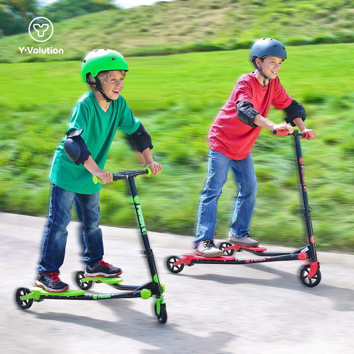 Green and black scooter with blue handle grips and caster wheels, with rider