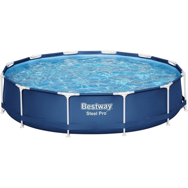 Round above-ground steel pool set with blue frame and liner, filled with water