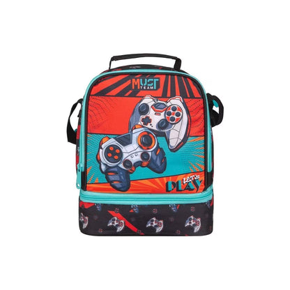 Insulated lunch bag with colorful controller graphic, top handle and zip front pocket