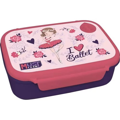 800ml illustrated lunch box with ballerina and flowers on pink lid, dark base