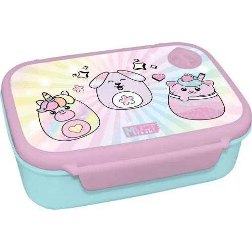 800ml illustrated lunch box with panda and bunnies on pink lid, blue base