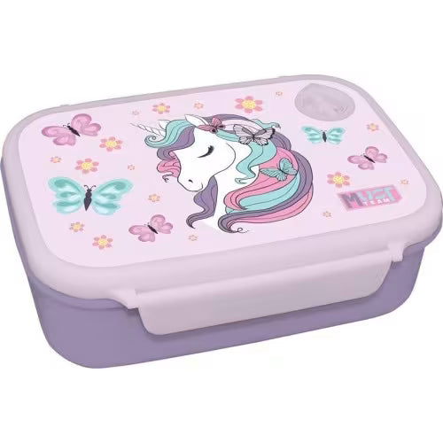 800ml illustrated lunch box with unicorn and butterflies on lavender lid
