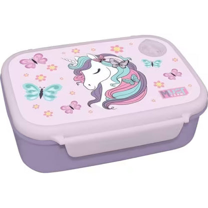 800ml illustrated lunch box with unicorn and butterflies on lavender lid