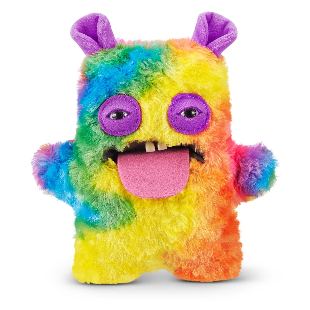 Cheeky chonky guinea plush with rainbow fur, purple ears, open-mouth smile.
