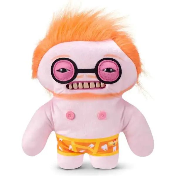 Orange and white plush character with pink goggles, gritted teeth, and small pink buttons