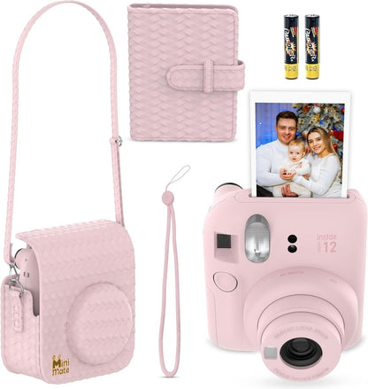 Pink Instax Mini12 camera set: braided case, wrist strap, and film canisters
