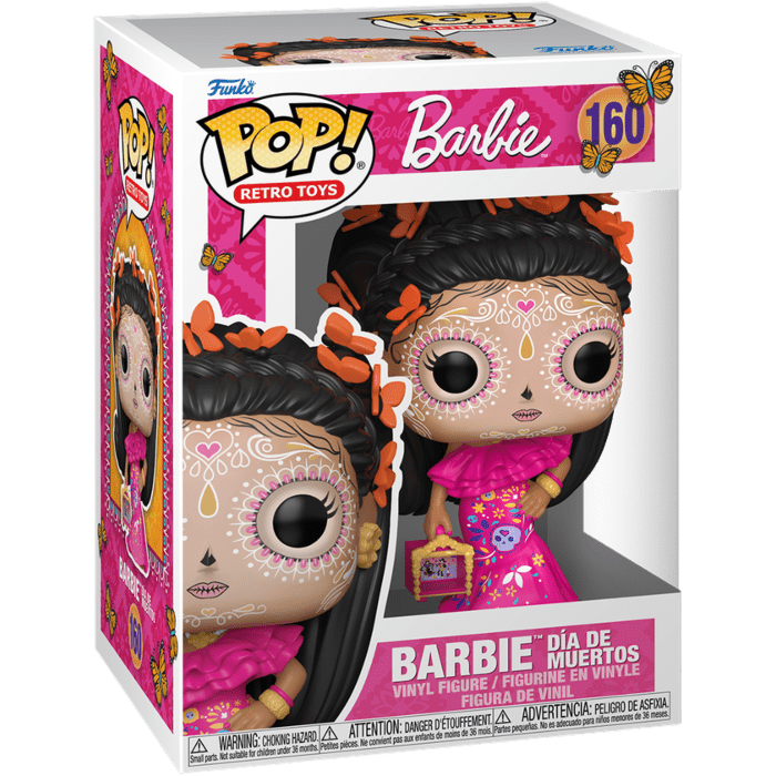 Barbie Día de Muertos Funko POP! figure in pink dress, long black braids with orange flowers, box