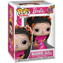 Barbie Día de Muertos Funko POP! figure in pink dress, long black braids with orange flowers, box