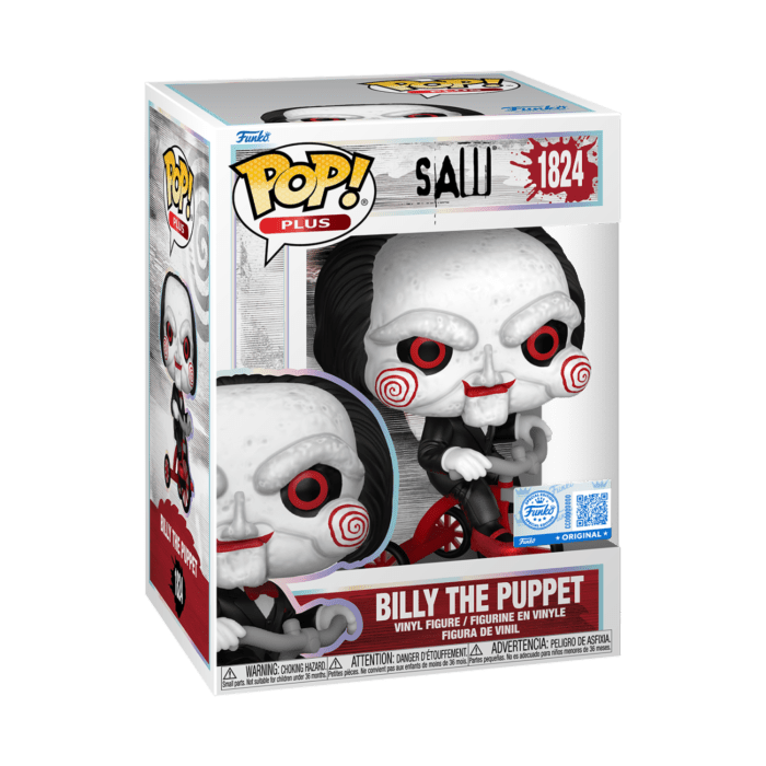 Billy the Puppet vinyl figure box; pale face, red eyes, dark hair, red bow