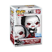Billy the Puppet vinyl figure box; pale face, red eyes, dark hair, red bow