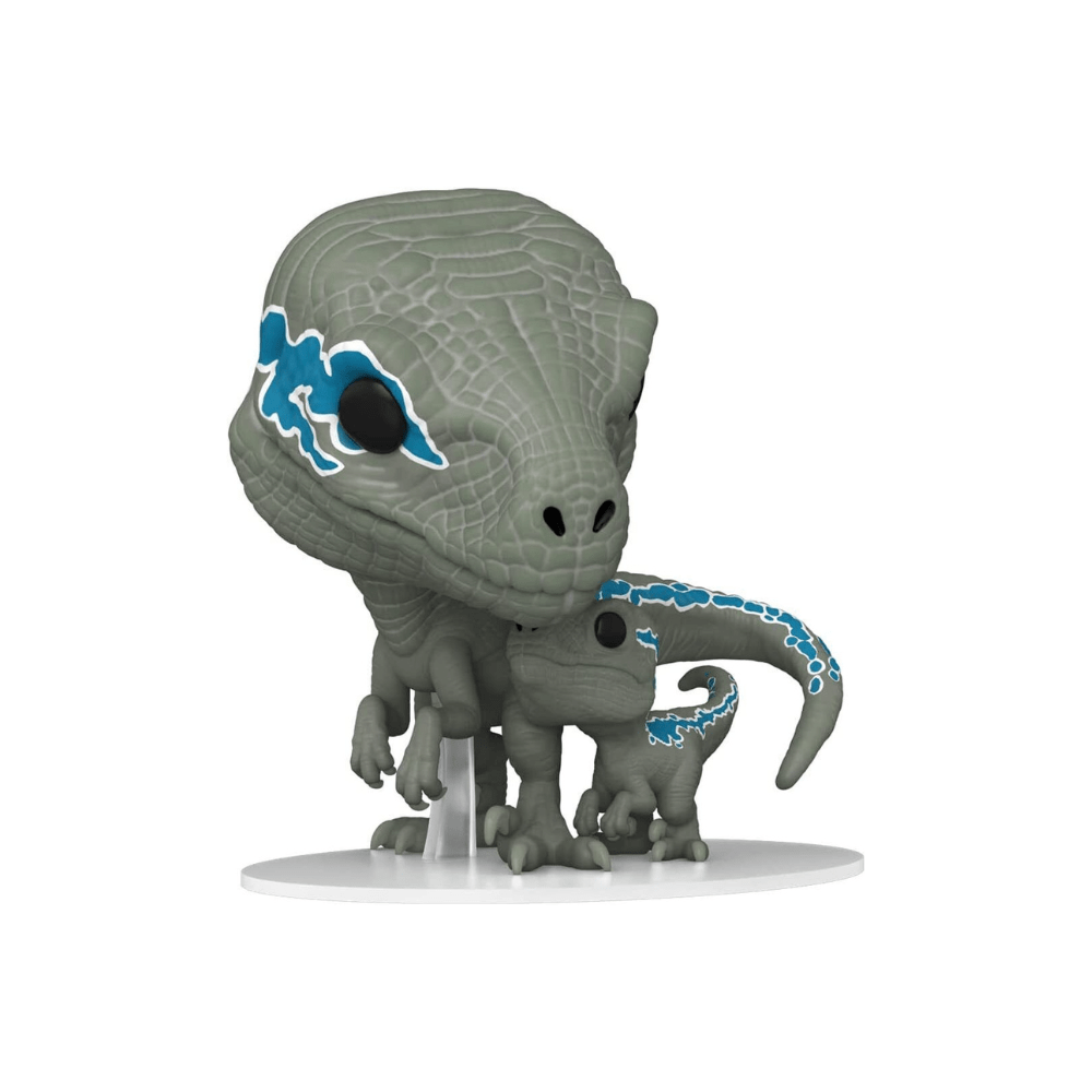 Gray dinosaur vinyl figure with blue lightning markings, standing on white base