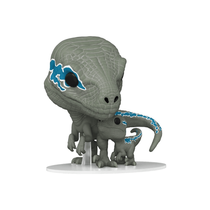 Gray dinosaur vinyl figure with blue lightning markings, standing on white base