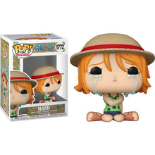 Crying Nami Pop figure, tan straw hat, orange bob hair, green dress, sitting pose