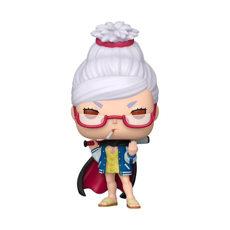 Seiko Ayase Vinylfigur mit weißem Zopf, roter Schutzbrille, blauer Jacke und rotem Mantel