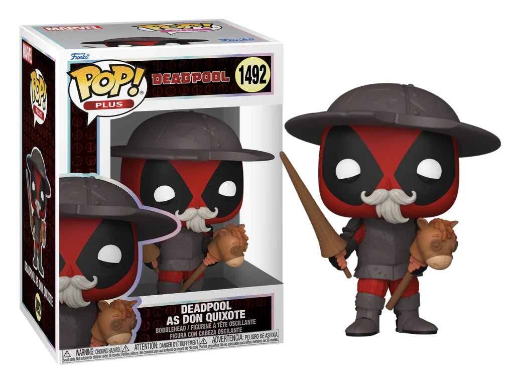 Deadpool as Don Quixote figure with wide hat, sword, gray suit, red-and-black face