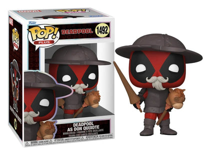 Deadpool as Don Quixote figure with wide hat, sword, gray suit, red-and-black face