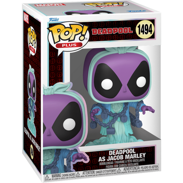 Funko Pop! Deadpool als Jacob Marley: violetter Kopf, schwarze Augen, blauer Kettenlook, Box