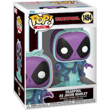 Funko Pop! Deadpool als Jacob Marley: violetter Kopf, schwarze Augen, blauer Kettenlook, Box