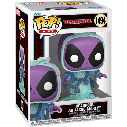 Funko Pop! Deadpool als Jacob Marley: violetter Kopf, schwarze Augen, blauer Kettenlook, Box
