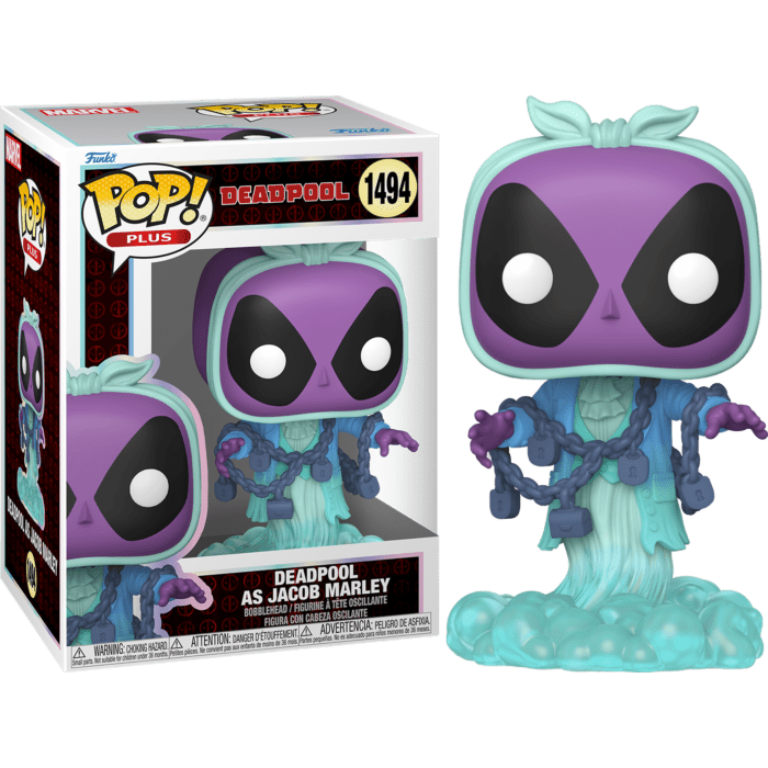 Deadpool als Jacob Marley Pop: Figur mit violettem Helm und türkisfarbenem Kettenoutfit, Box