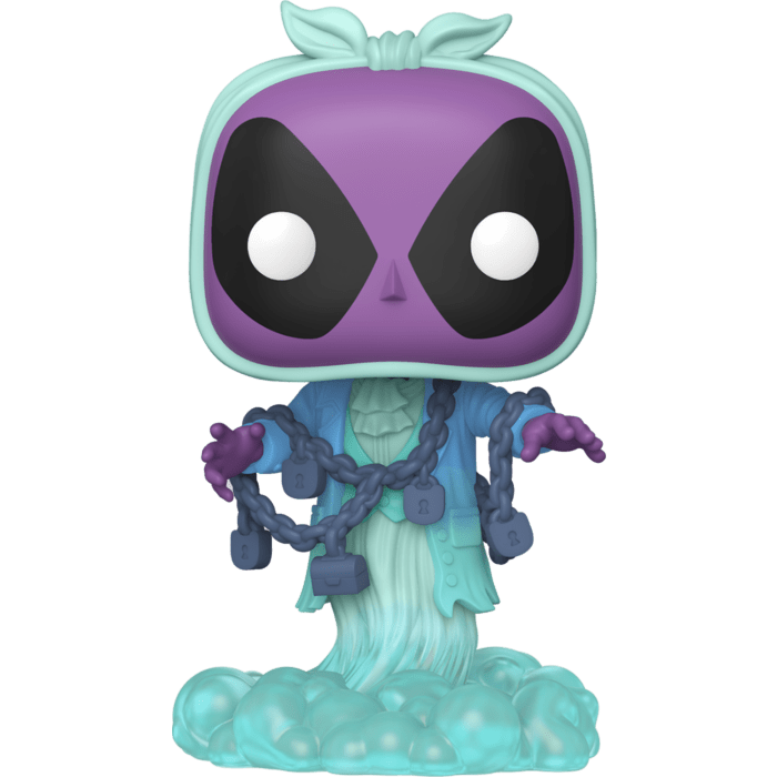 Deadpool-Popfigur als Jacob Marley: violetter Helm mit Augen, türkisfarbenes Outfit, Ketten