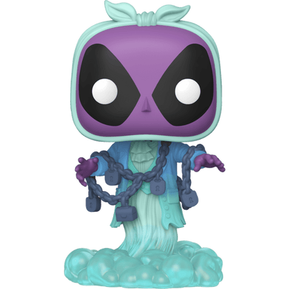 Deadpool-Popfigur als Jacob Marley: violetter Helm mit Augen, türkisfarbenes Outfit, Ketten