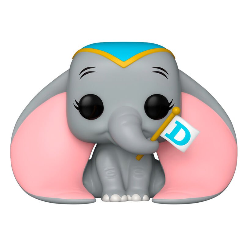 Dumbo Vinylfigur mit Flag, hellgrau, blaues Stirnband, Schild mit D