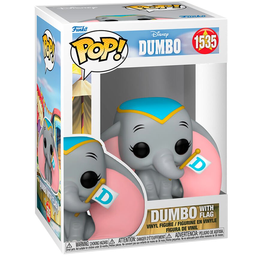 Dumbo Vinylfigur mit Flag in Box, hellgrau, blaues Stirnband, Schild mit D