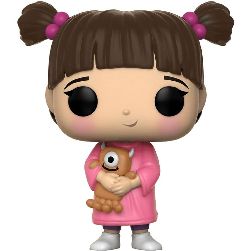 Boo vinyl figure with brown pigtails, pink dress, holding a small brown critter toy