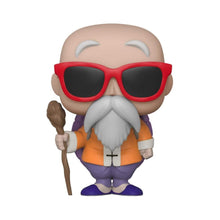 Master Roshi vinyl figure, red sunglasses, white beard and gray hair, holding staff